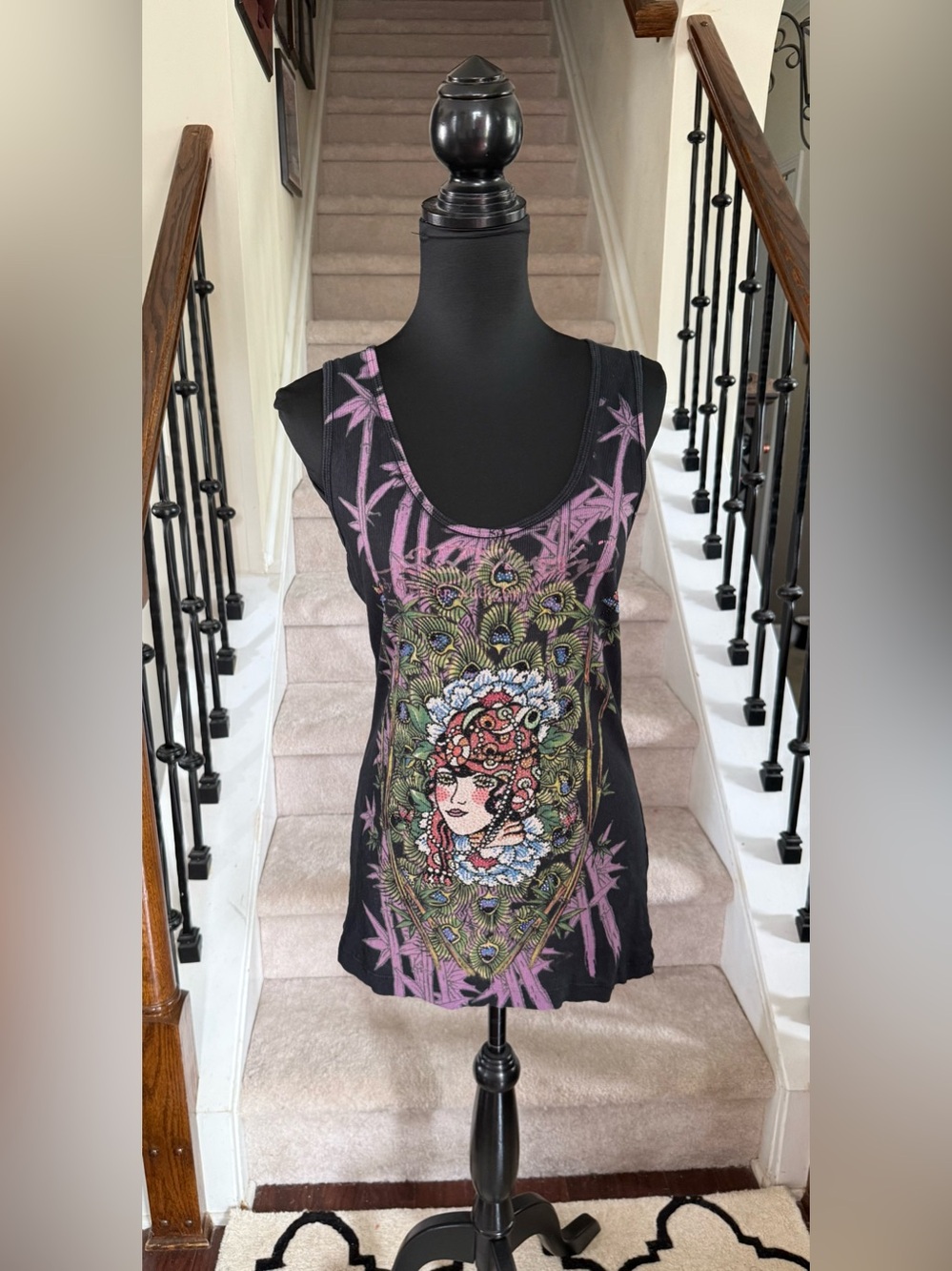 VTG Ed Hardy Embellished Tank Top with Pink and Multicolor Floral Portrait